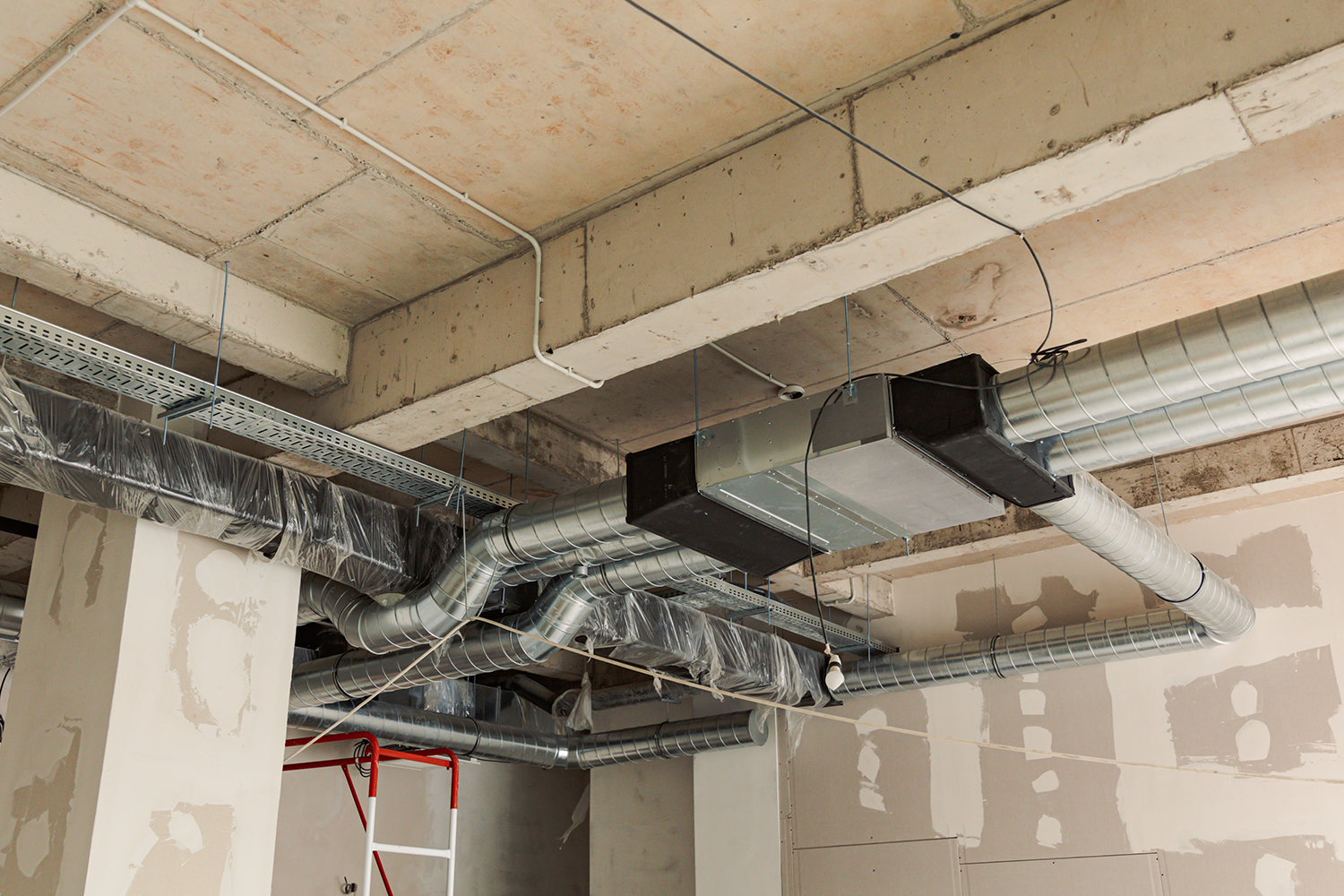 Hvac building interior air duct air condition pipe line system ceiling industrial background